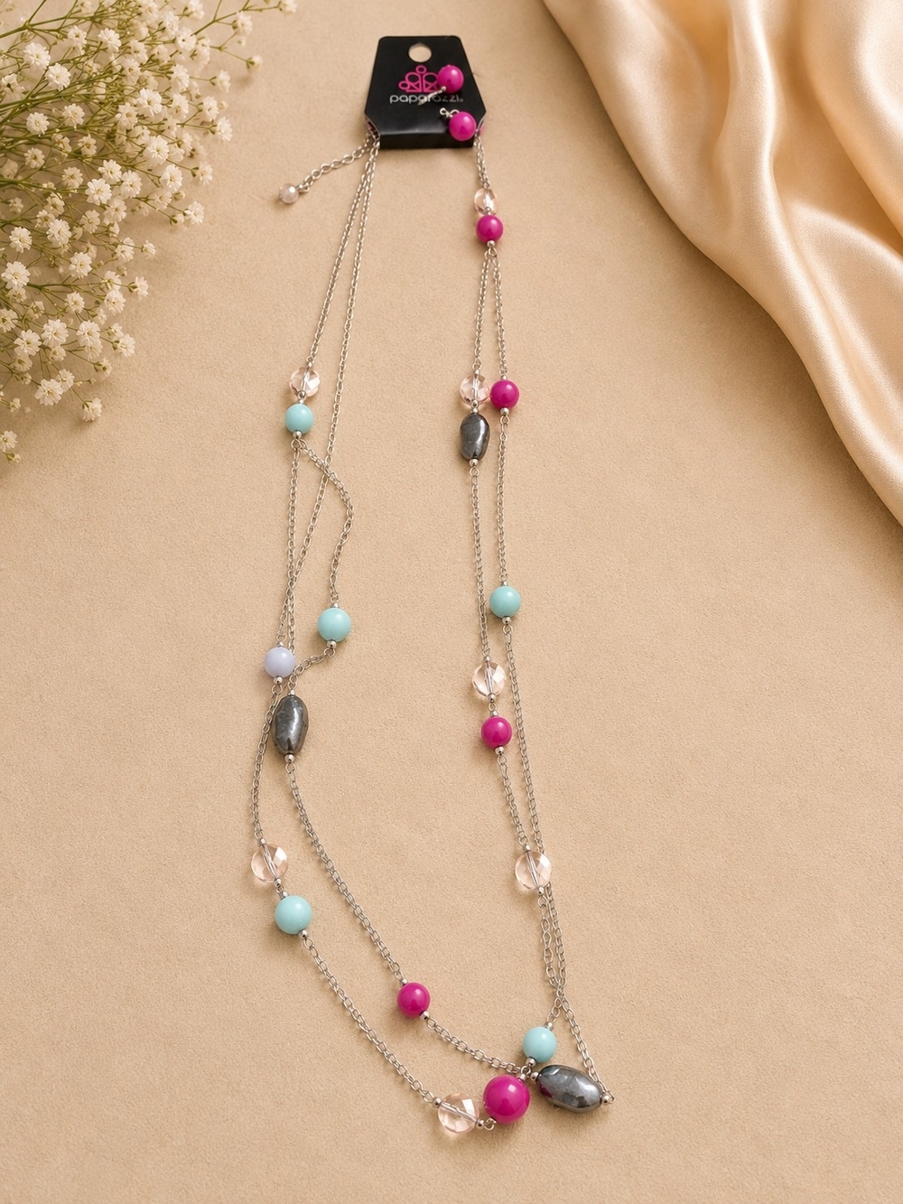 paparazzi Silver Multi-Strand Necklace with Hot Pink & Aqua Beads